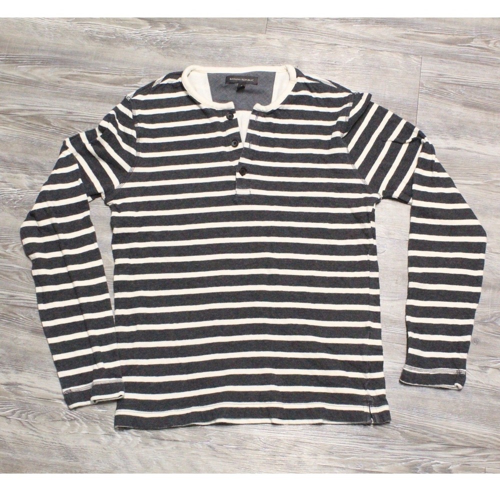 Banana Republic Womens Small Gray White Striped Cotton Long Sleeve Henley Top